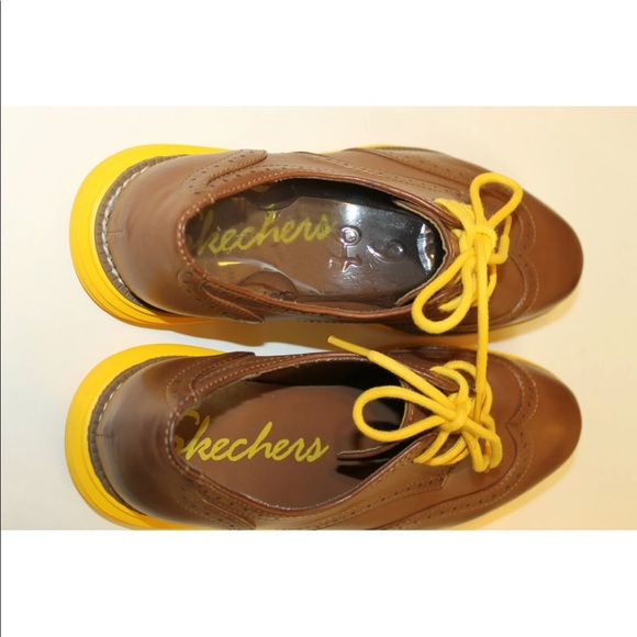 NWT Sketchers Women Brogue Brown W Yellow Sole Lace Up Shoes Light Weight 9.5 - Picture 5 of 10